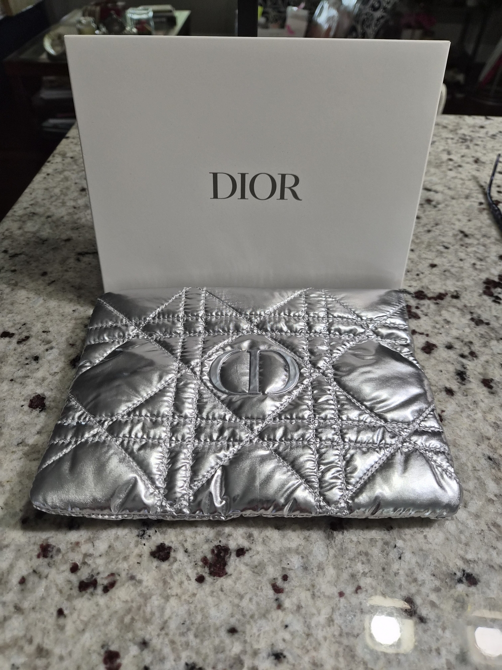 Dior VIP GWP Silver Quilted Clutch, Pouch with Cannage Stitching